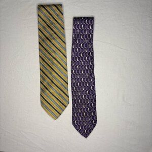 2 Jos A Bank 100% Silk‎ Ties Made In Italy. Yellow/Blue Strip & Purple Geometric